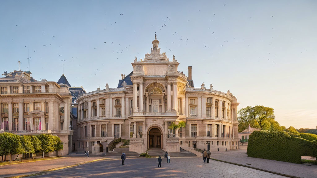 Classical building at sunset with grand entrance, intricate facade, birds, and people.
