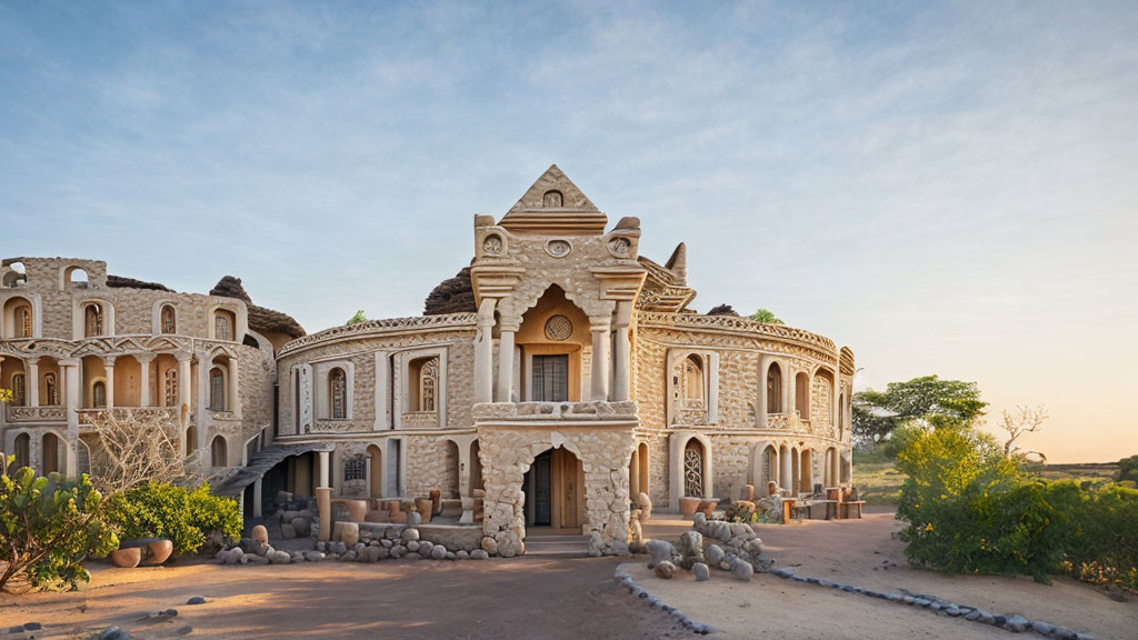 Intricately designed sandstone building with arched doorways and elaborate carvings