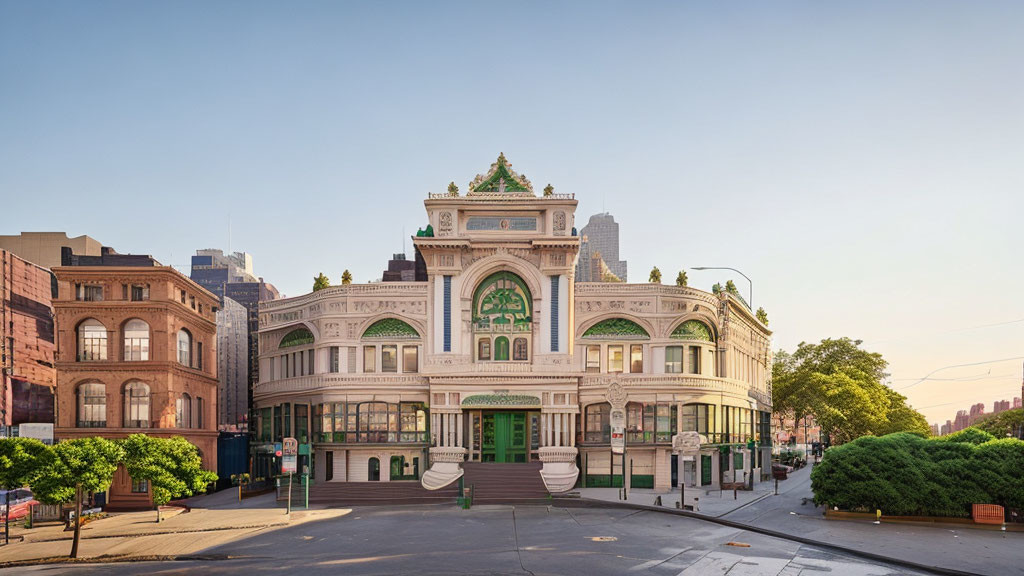Ornate white building with green trimmings in urban setting