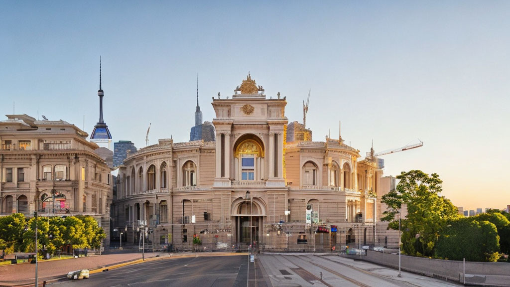 Neoclassical Building with Intricate Facades and Modern Structures at Dawn or Dusk