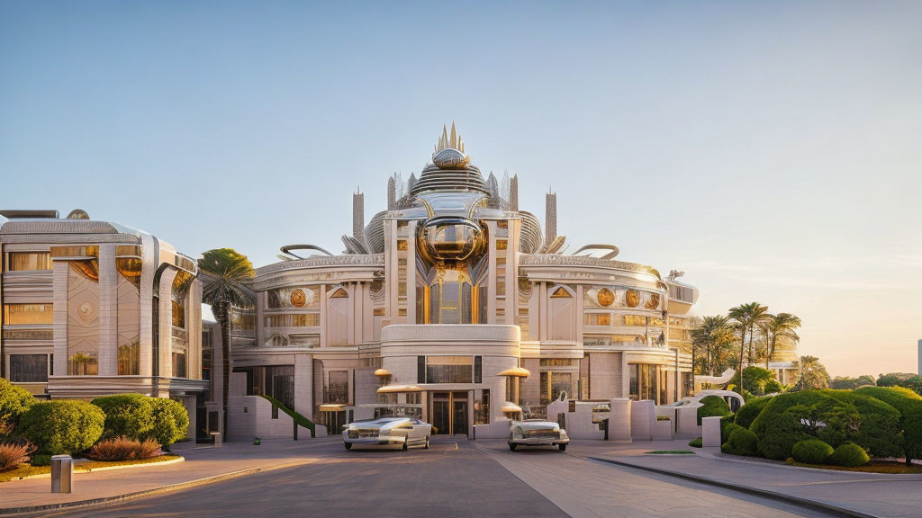 Opulent palace with golden sphere under clear sky at dawn or dusk