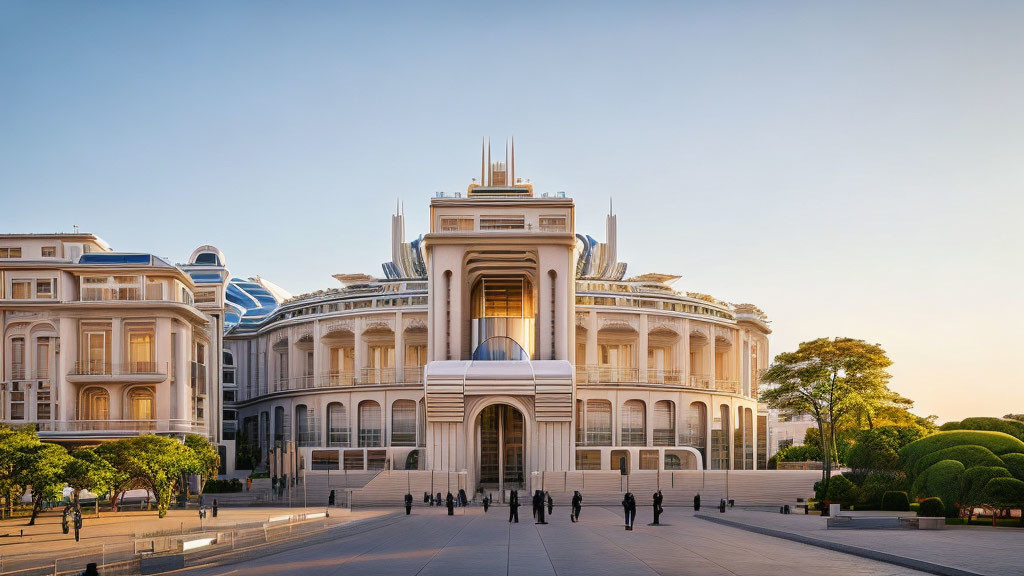 Grand building with central blue dome tower and classical columns in sunset gardens