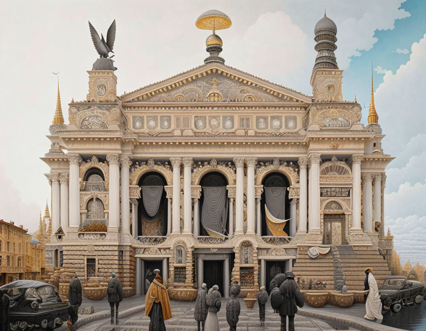 Neoclassical building with eagle statue, vintage cars, and people in early 20th-century