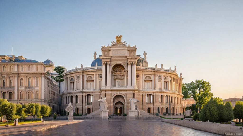 Neoclassical building with grand entrance and sculptures at dusk