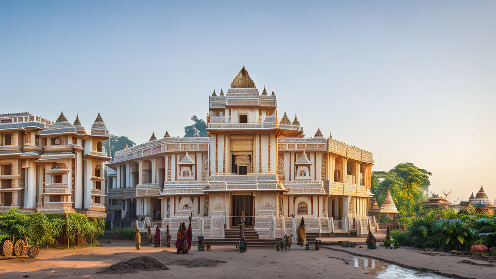Traditional Indian Palace with Ornate Architecture and Colorful Attire People at Sunrise/Sunset