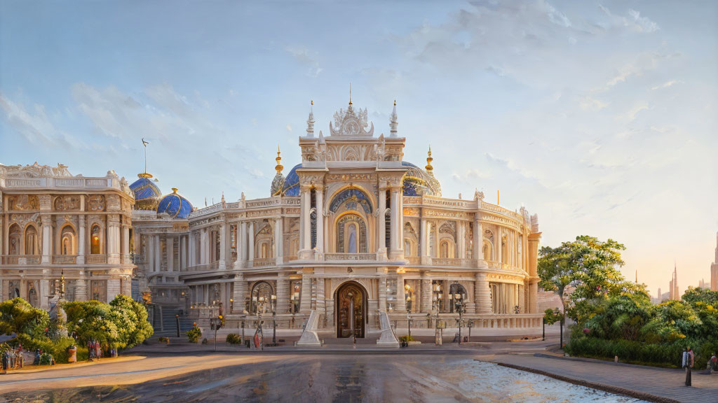 Opulent palace with blue-domed roofs and golden embellishments