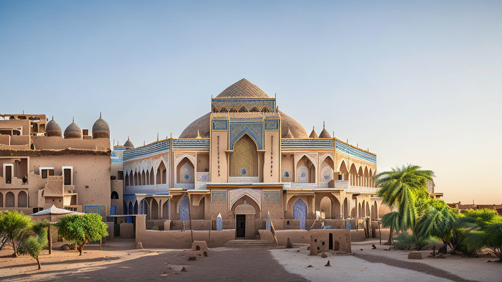 Ornate mosque with geometric designs at golden hour among mud-brick structures