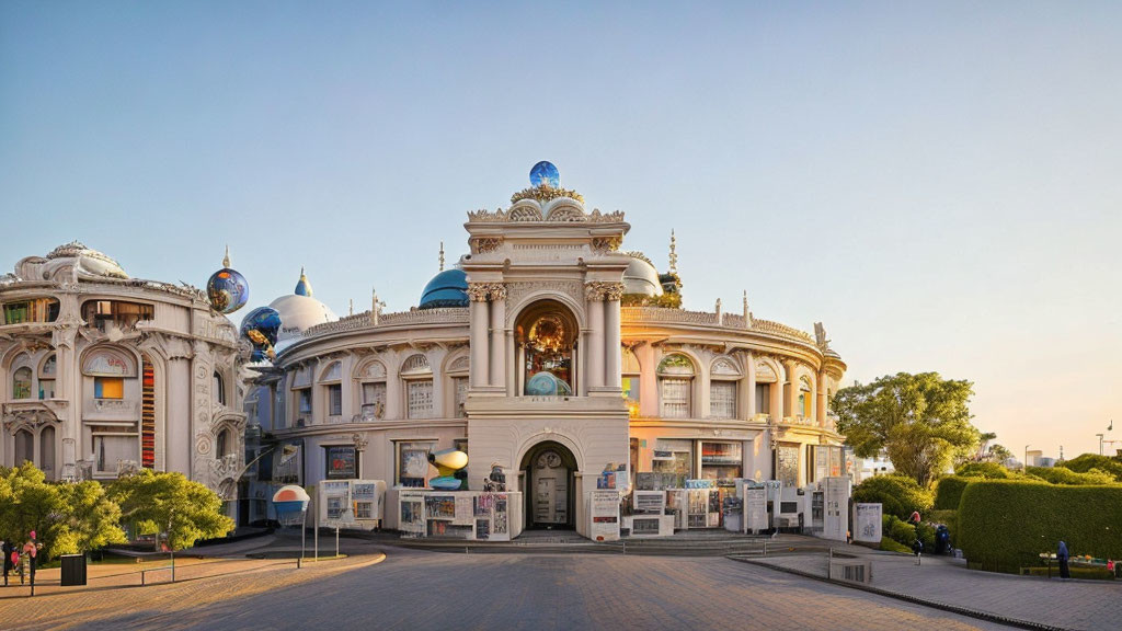 Classical building with grand entrance and spherical decor under clear dusk sky