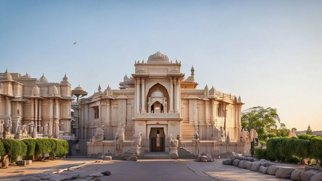 Traditional Indian temple with ornate architecture and domes at sunset