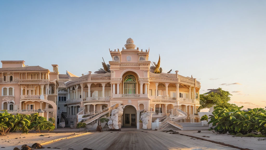 Luxurious beachfront mansion with ornate architecture at sunset