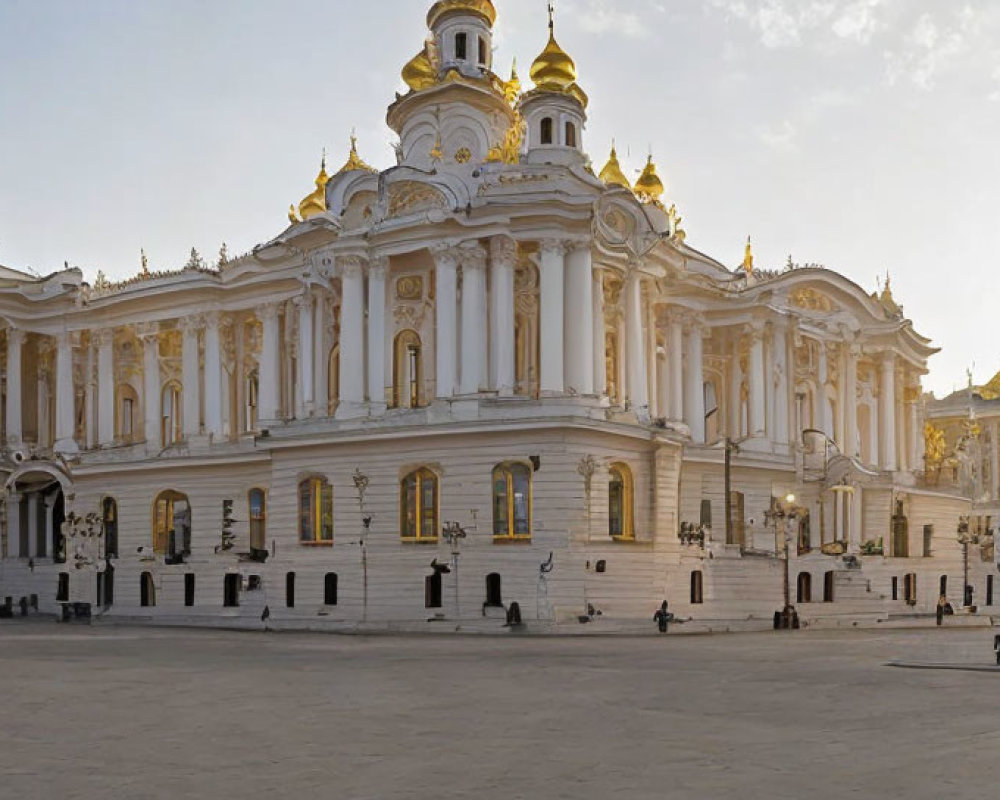 Majestic white building with golden domes in sunny square