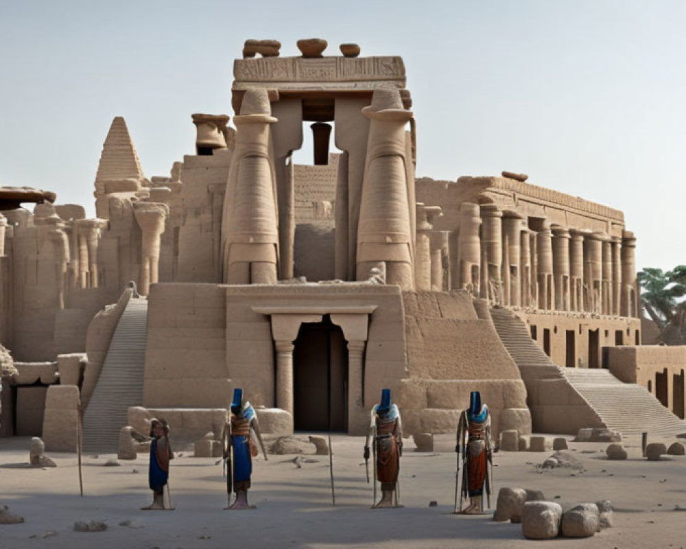 Impressive Ancient Egyptian temple complex with columns, obelisks, statues, and desert landscape.