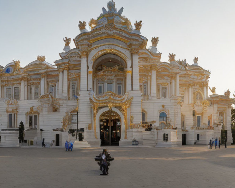 Baroque-style building with golden decorations and domes in sunlight.