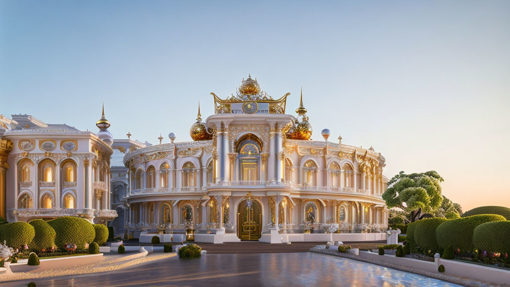 Ornate white and gold building with intricate designs in manicured green surroundings at dusk