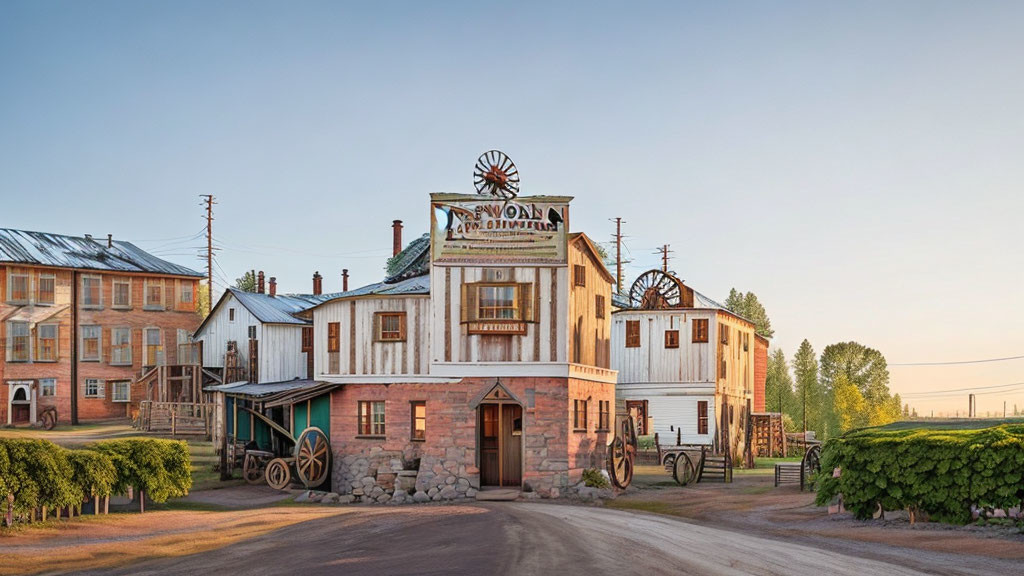 Old Western Building with "Saloon & Outfitters" Sign in Peaceful Dawn Setting