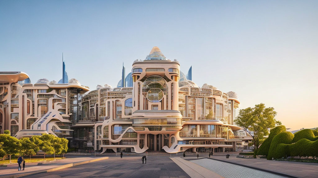 Ornate futuristic building with glass facades and landscaped surroundings