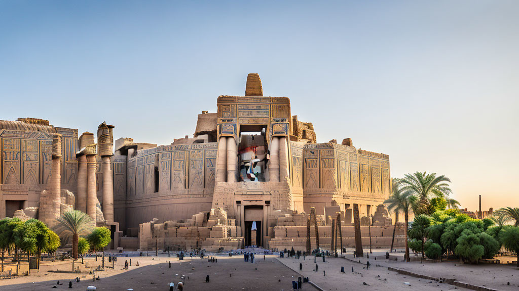 Ancient Egyptian temple with towering columns, statues, and hieroglyphic carvings at dusk
