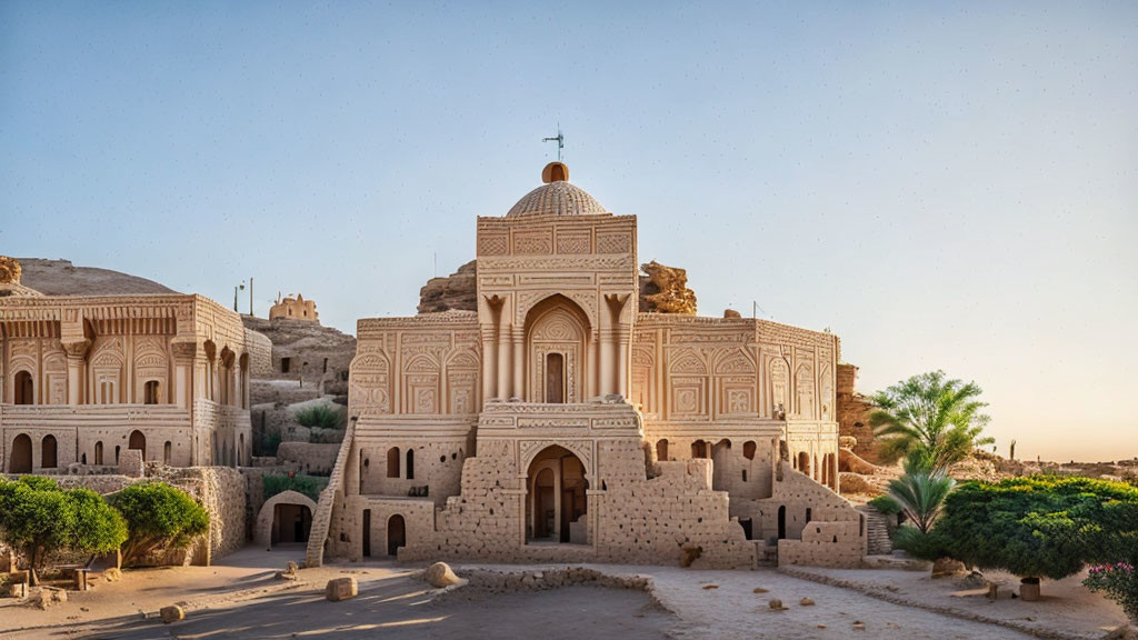 Sandstone Monastery with Dome, Cross, and Carvings in Desert Landscape