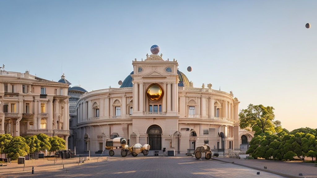 Neoclassical Building with Spherical Sculptures in Forecourt
