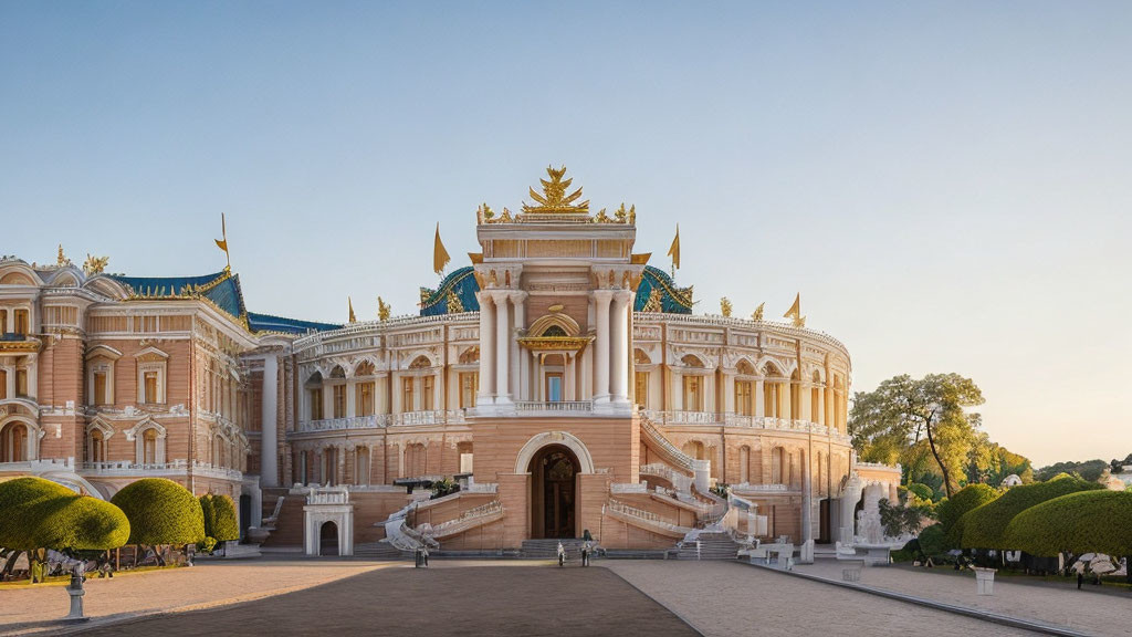 Ornate palace with golden trim, grand staircases, and lush greenery at dusk