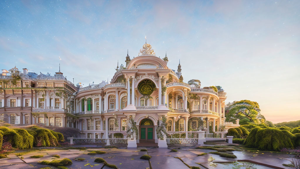 Ornate White and Gold Palace at Twilight