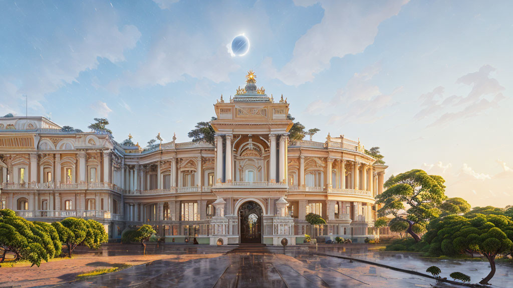 Historical building with ornate architecture during partial solar eclipse and lush surroundings