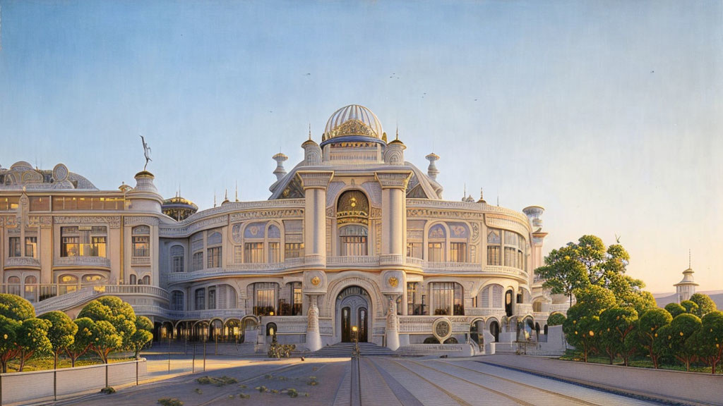 Ornate palatial building with classical architecture and dome, columns, statues in serene landscape