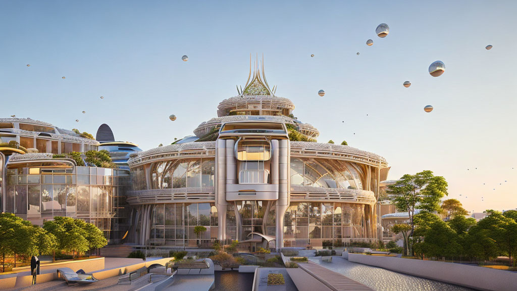 Futuristic building with golden spire, glass structures, floating orbs, people, and greenery