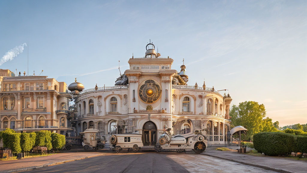Opulent steampunk-style building with clock face and metalwork at sunset