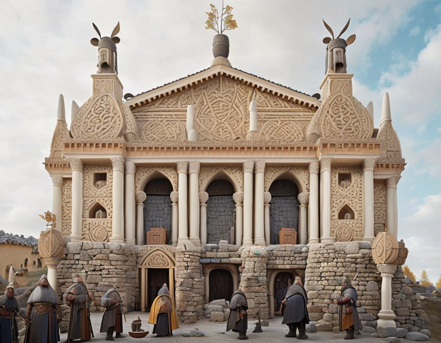 Medieval-style building with detailed designs and statues, people in historical attire.