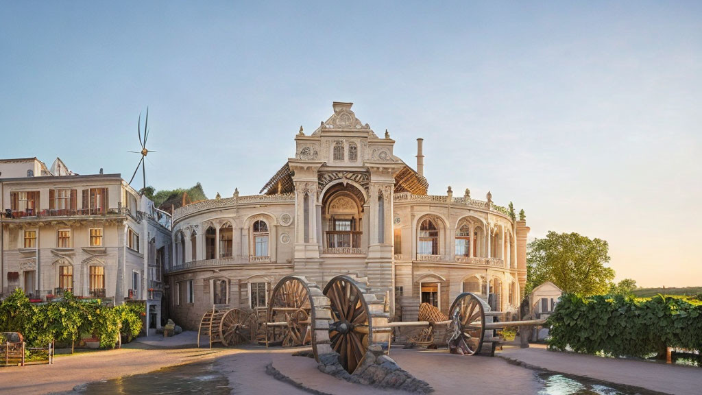 Baroque-style Opera House with Water Wheels by Waterway at Dawn or Dusk