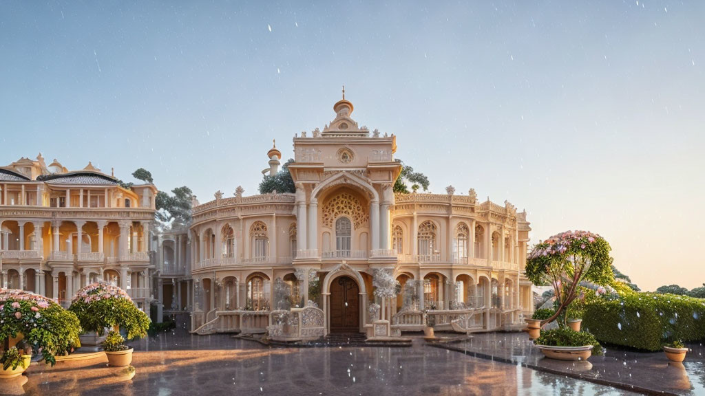 Ornate architecture of majestic palace at sunset
