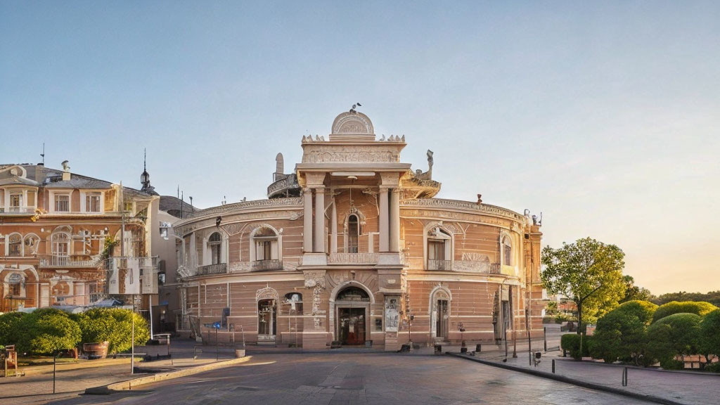 Classical facade of an elegant old theater at sunset