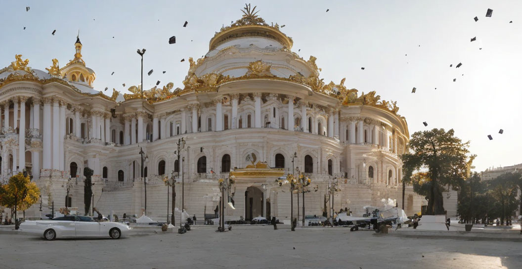 Opulent white and gold building with intricate details under clear sky, surrounded by suspended black objects