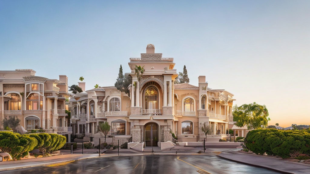 Luxurious mansion with central archway, ornate balconies, and palm trees at dusk