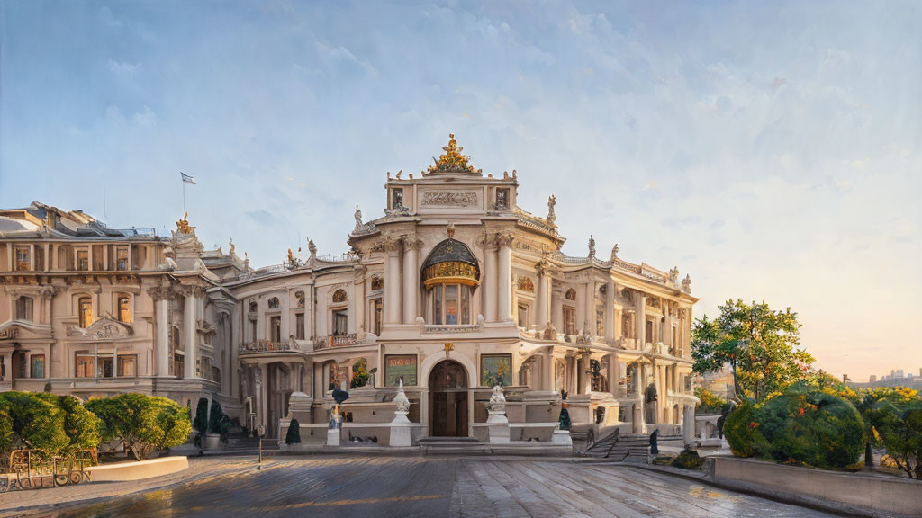 Neoclassical building with central balcony and statues at golden hour