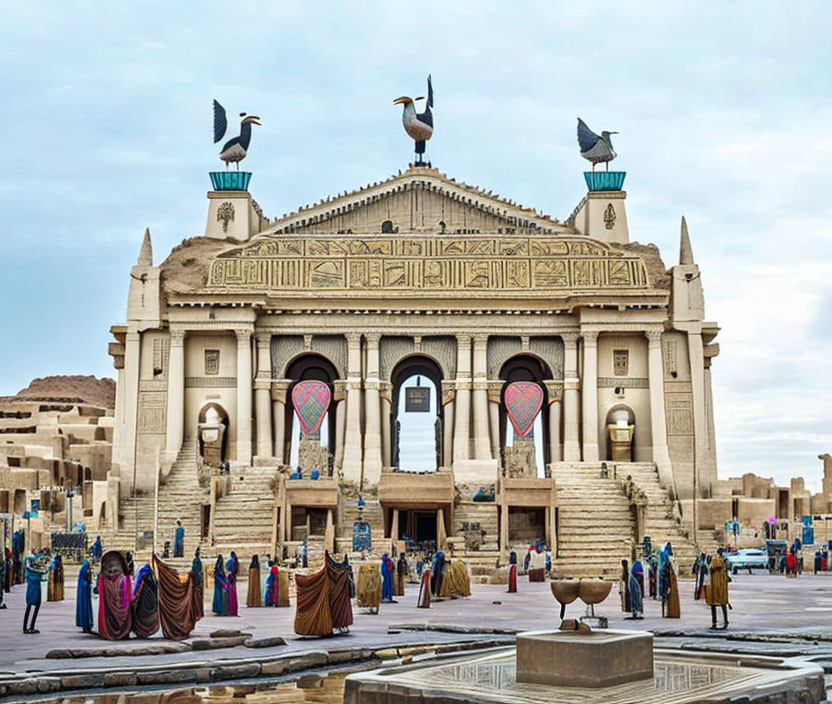 Egyptian-themed building with large bird statues and people in traditional dress under cloudy sky