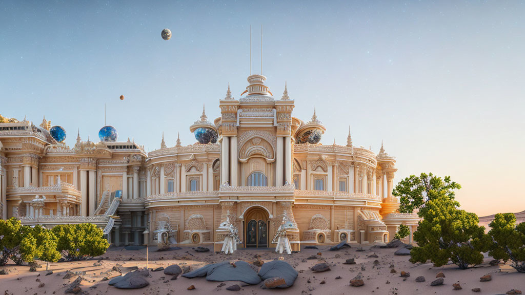 Classical-style Building in Desert Landscape with Astronaut Figures and Planets