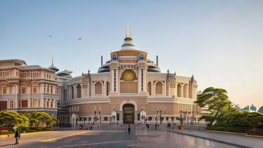 Classical architectural style with golden domes and visitors walking.