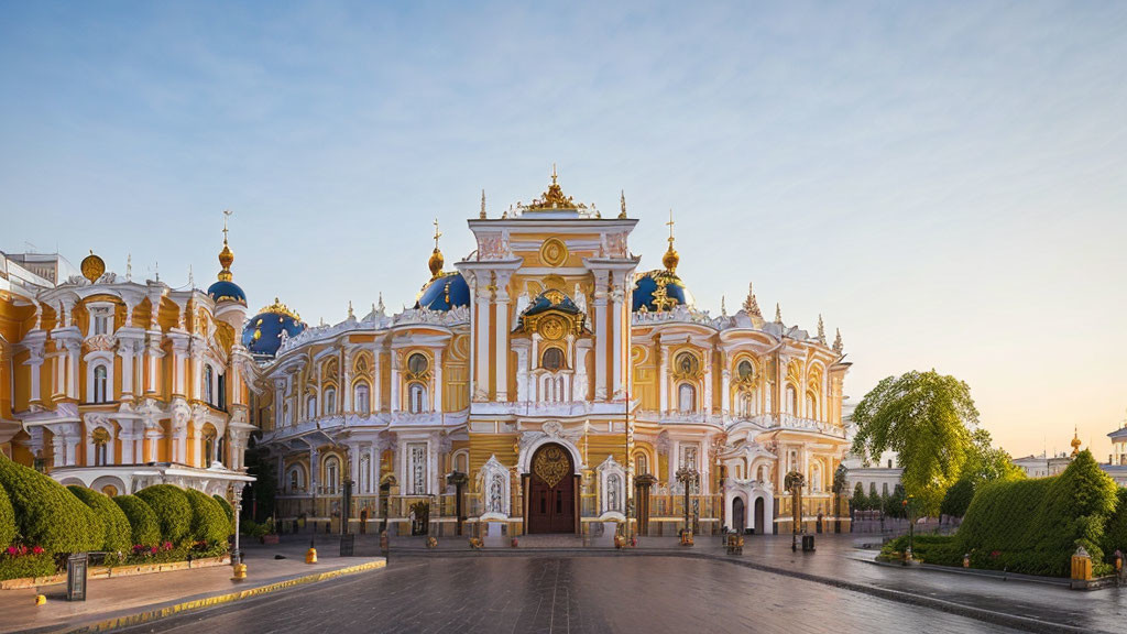 Yellow and White Palace with Blue Domes and Golden Embellishments at Dawn or Dusk