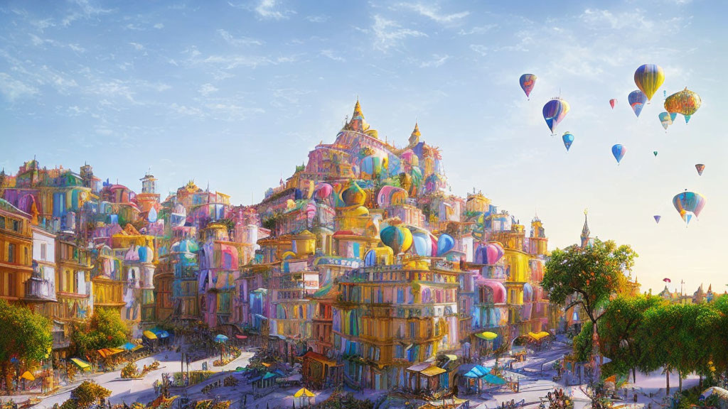 Vibrant cityscape with ornate buildings and hot air balloons