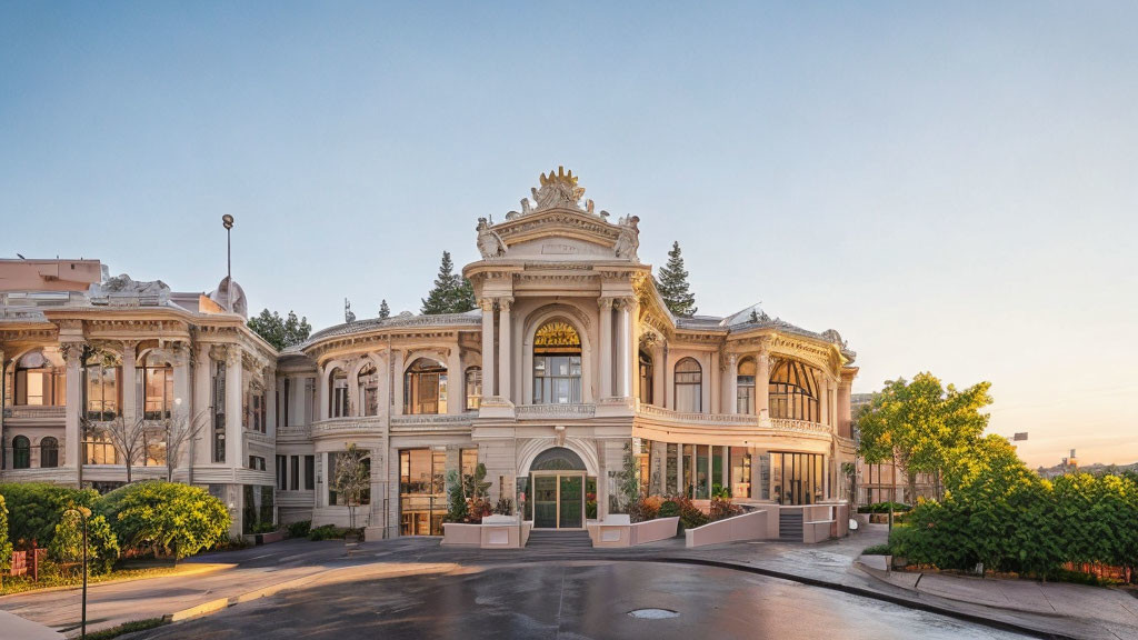 Opulent neoclassical building with intricate facades at dusk