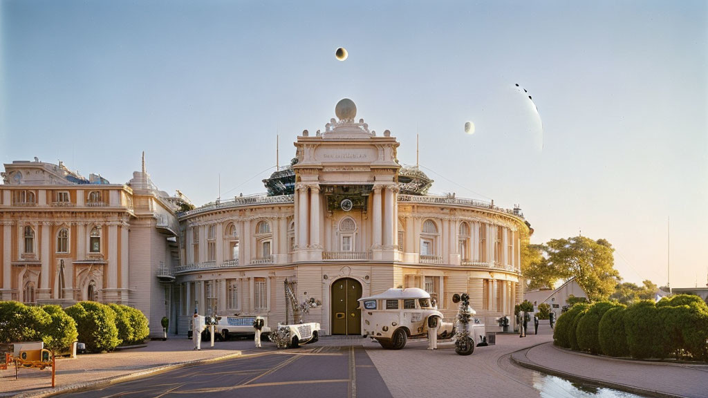 Twilight scene of neoclassical building with vintage cars and floating spheres