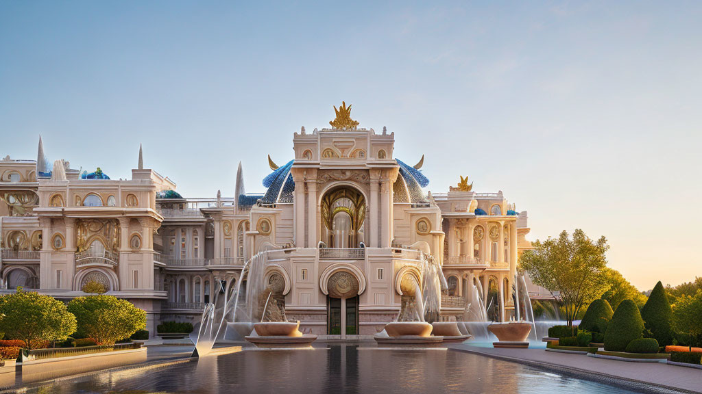 Luxurious palace facade with gilded accents and fountain at dusk