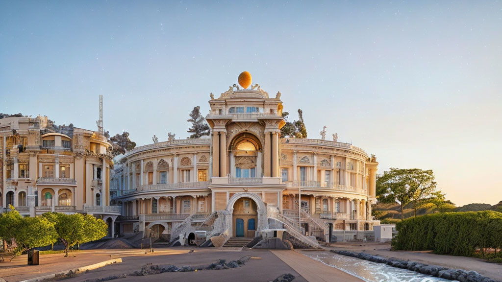 Neoclassical building with dome, orange sphere, balustrades, and statues at dusk