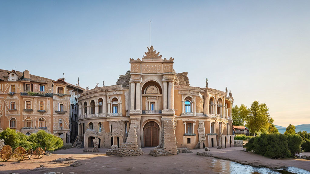 Historical building with elaborate facades among modern structures and water body