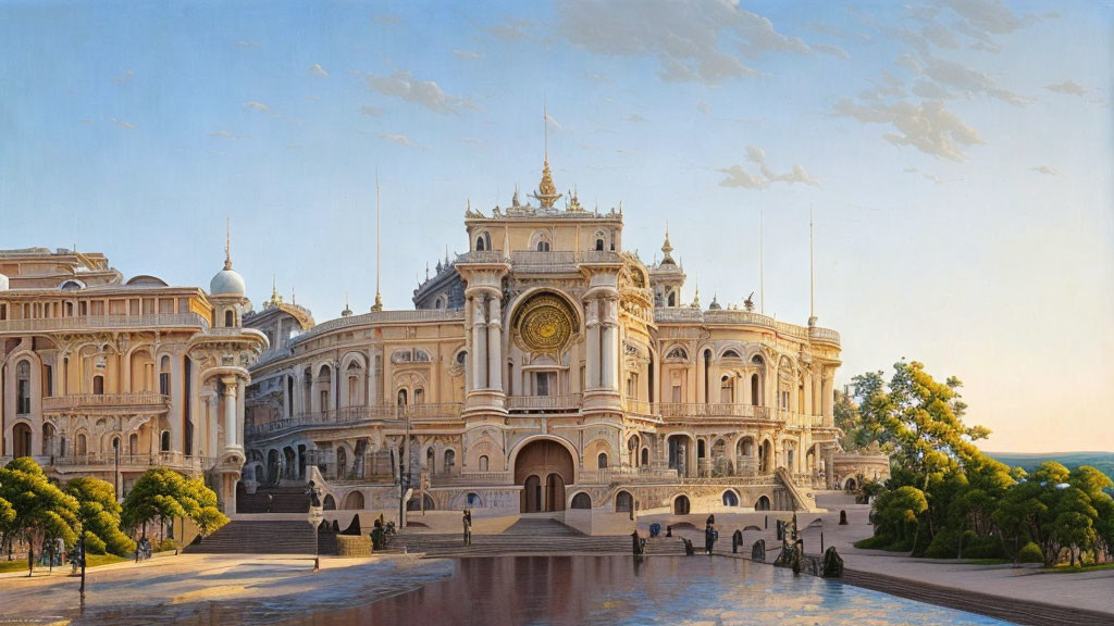 Neoclassical Building with Clock Tower, Domes, Columns, and Statues