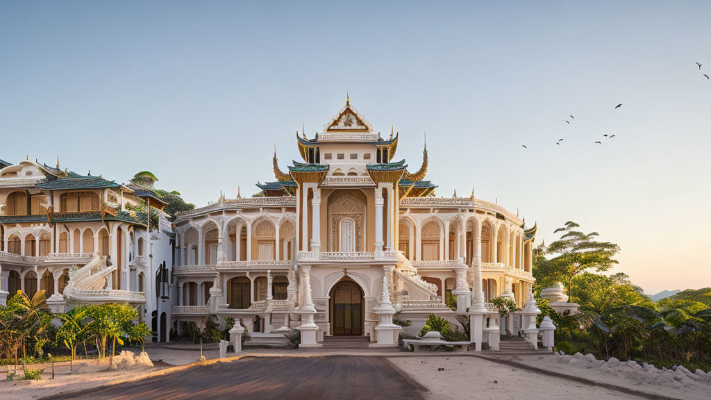 Traditional white and gold building with lush greenery and birds in clear sky