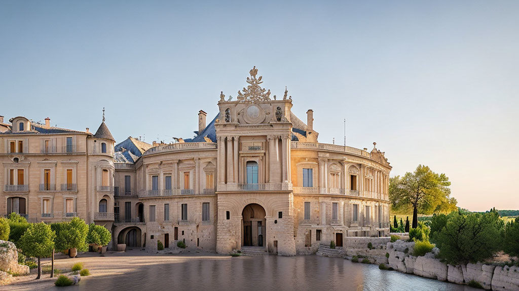 Baroque palace with ornate facades and water feature at dusk