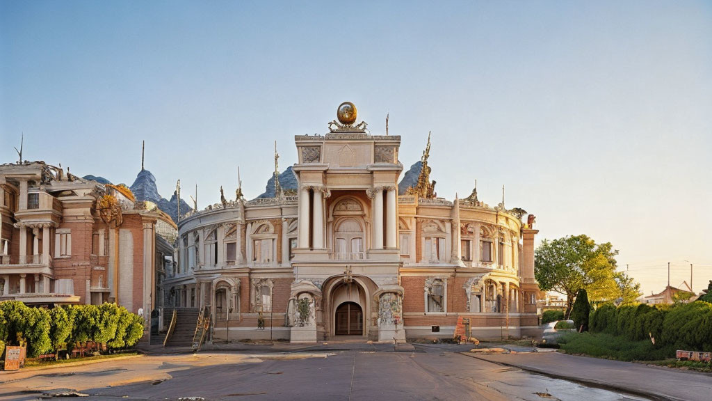 European-style building with ornate facade and central dome against clear sky at dawn or dusk.